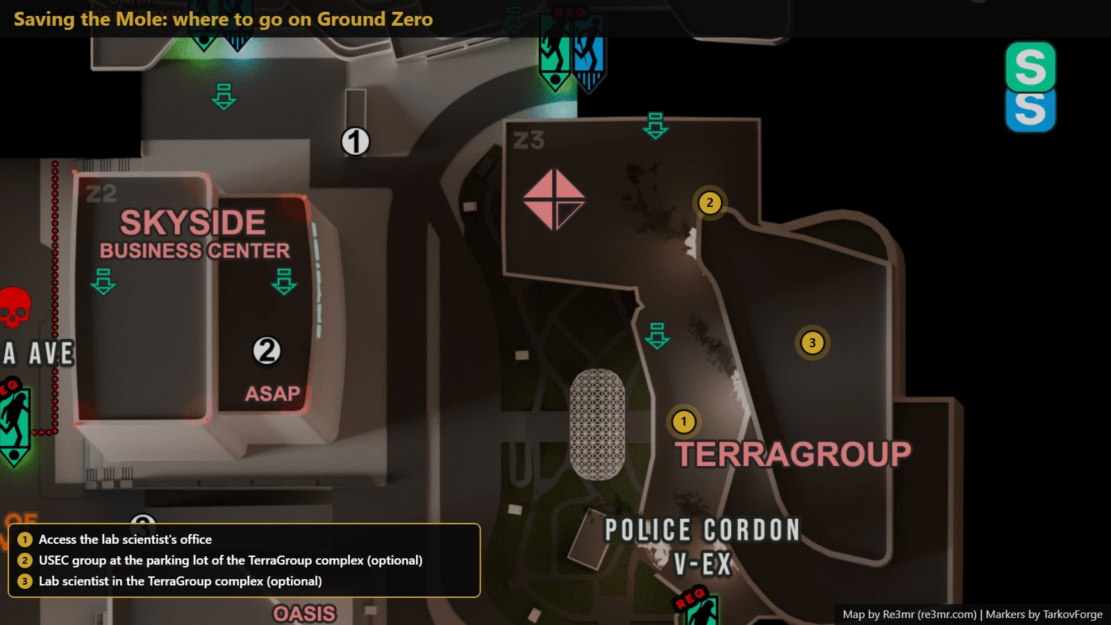 All 3 locations on Ground Zero: Access the lab scientist's office; USEC group at the parking lot of the TerraGroup complex (optional); Lab scientist in the TerraGroup complex (optional). Map by Re3mr.