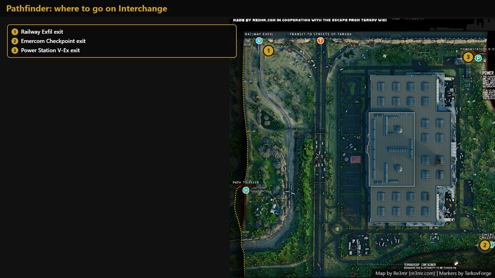 All 3 locations on Interchange: Railway Exfil exit; Emercom Checkpoint exit; Power Station V-Ex exit. Map by Re3mr.