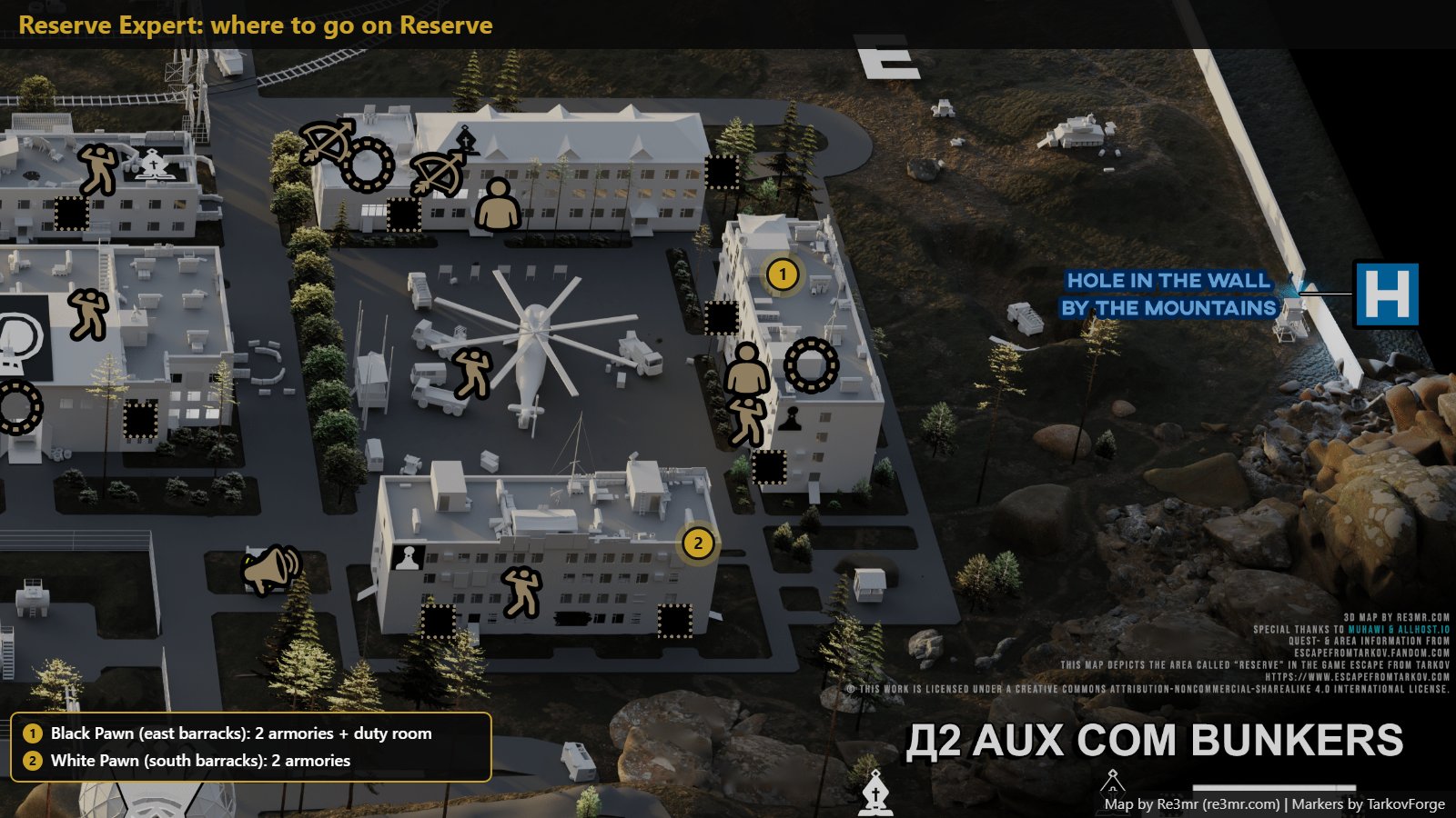 All 2 locations on Reserve: Black Pawn (east barracks): 2 armories + duty room; White Pawn (south barracks): 2 armories. Map by Re3mr.