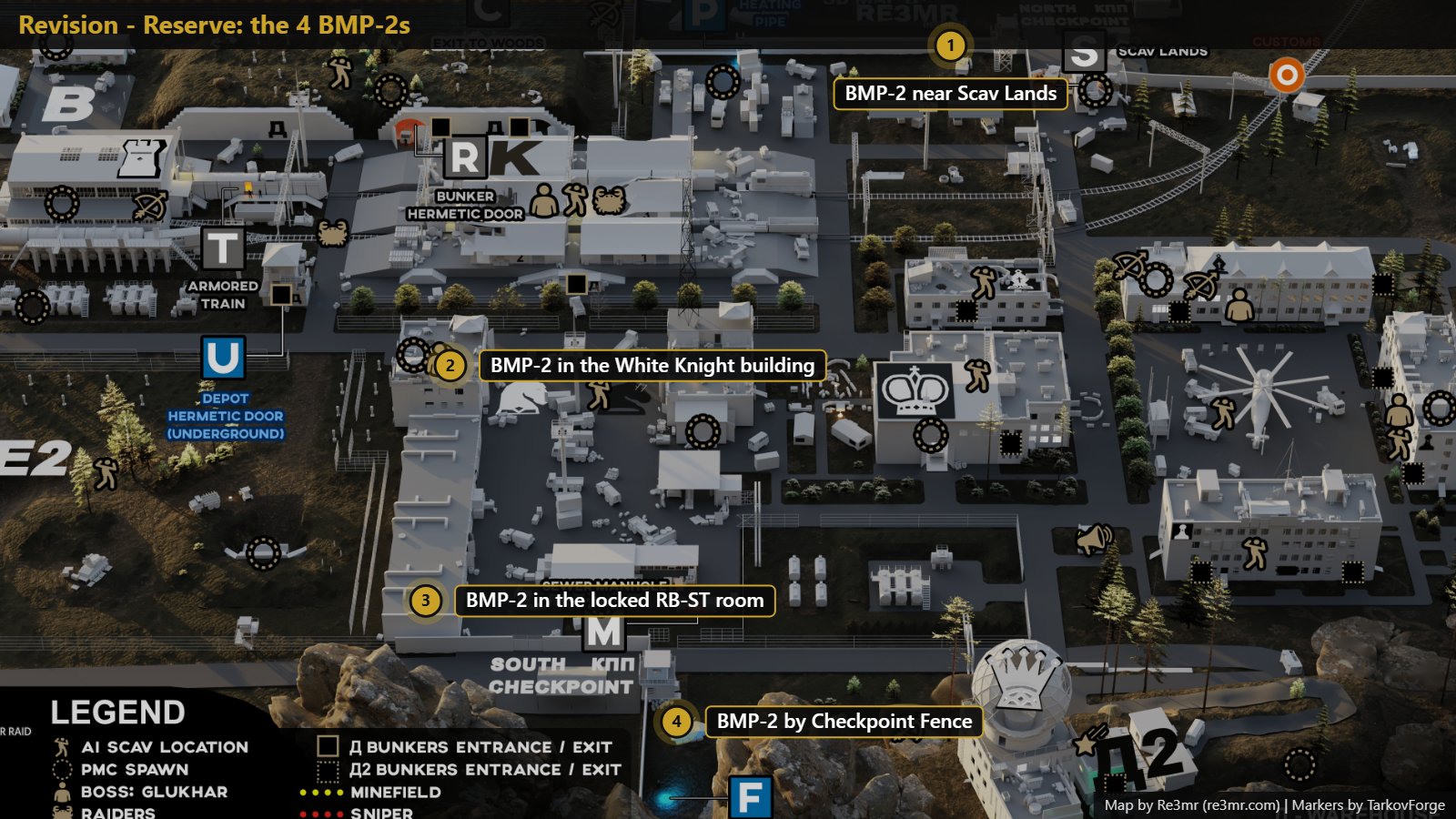 All 4 BMP-2 locations on Reserve: near Scav Lands, in the White Knight building, in the locked RB-ST room, and by Checkpoint Fence. Map by Re3mr.