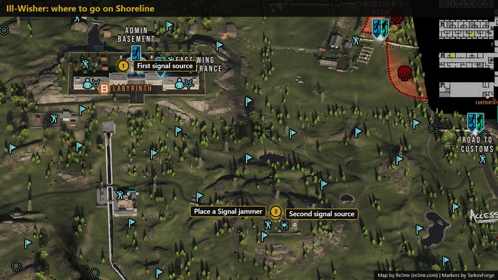 All 3 locations on Shoreline: First signal source; Second signal source; Place a Signal jammer. Map by Re3mr.